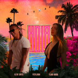Flavia Abadia and Altur Santos Hola cover art on a tropical beach with palm trees flowers and hidden symbols